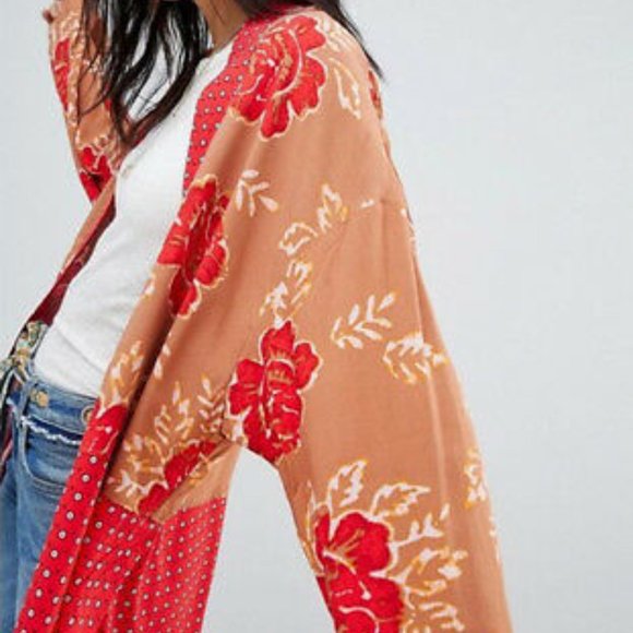 Free People Sweaters - Free People Forget Me Knot White Red Kimono Jacket Size Small